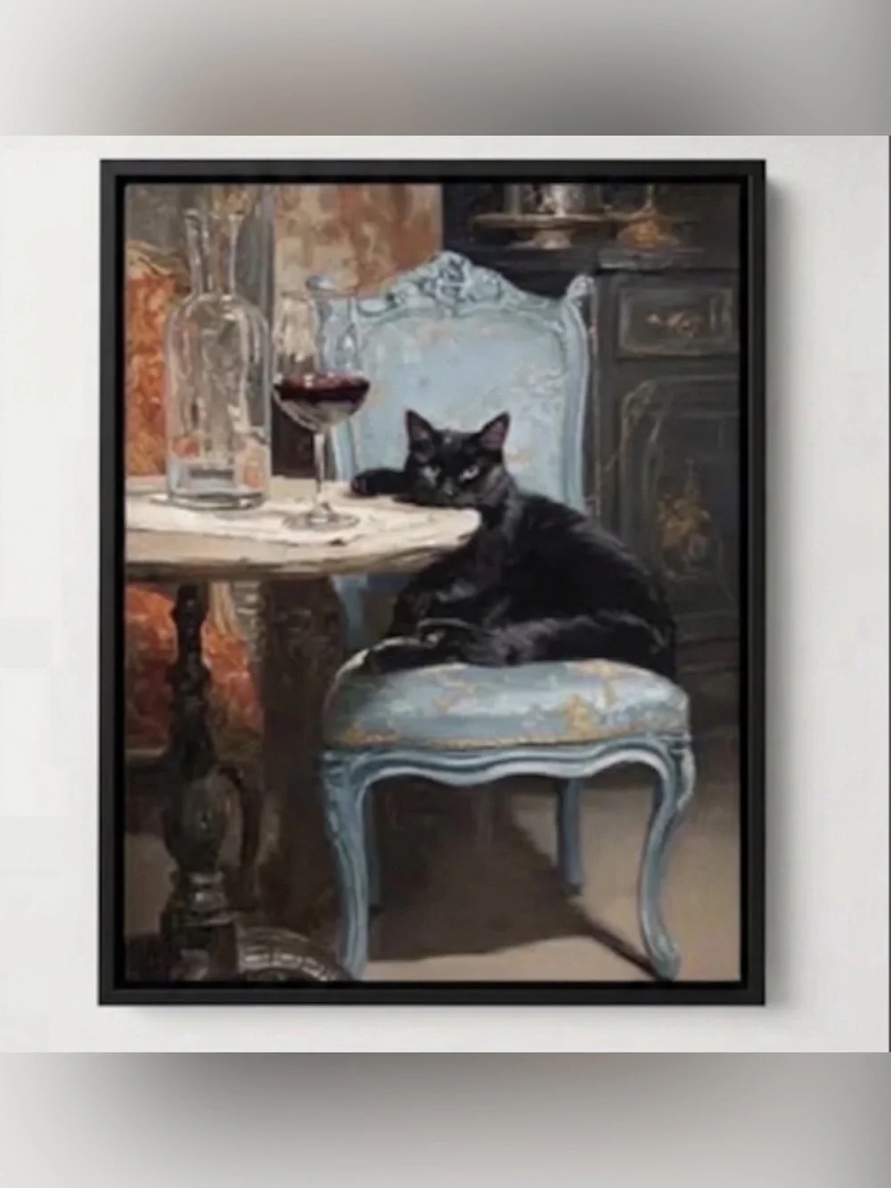Black Cat on Blue Vintage Chair Framed 8x10 Art Print